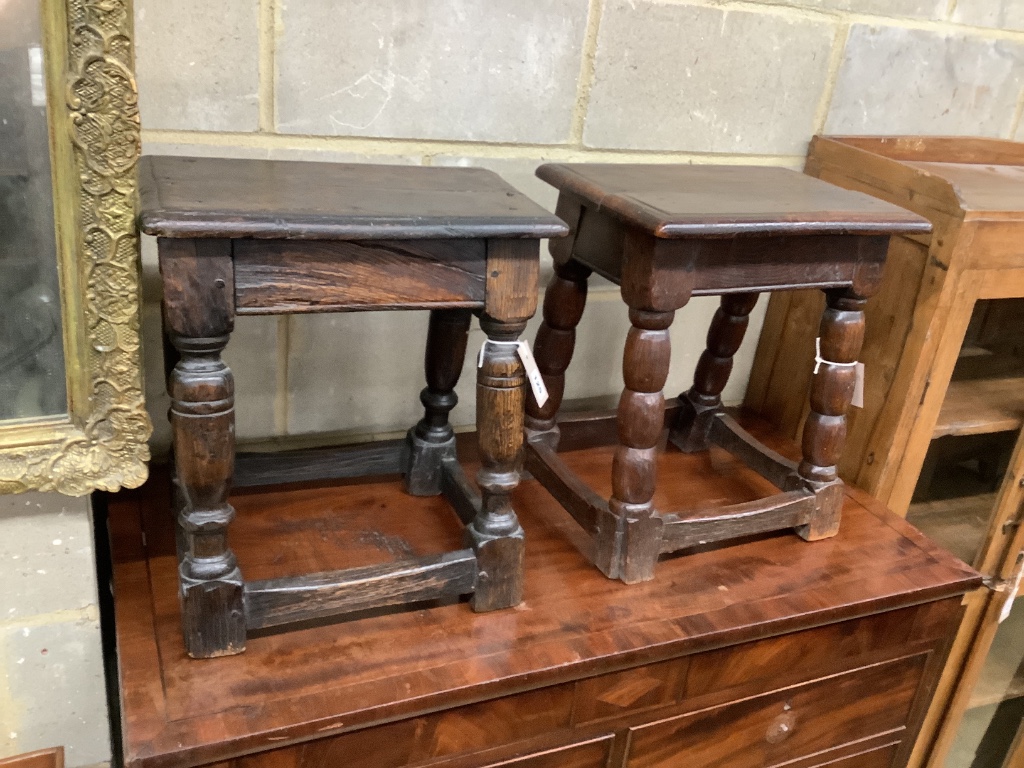Two 17th century style rectangular oak joint stools, larger width 42cm, depth 28cm, height 47cm